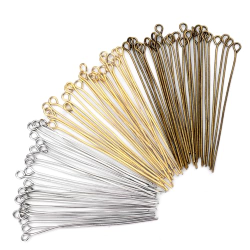 BangBoom 600 Stück Metalldraht-Ösennadeln, 50 mm lang, offene gerade Ösennadeln für Schmuckherstellung, Ohrringe, DIY-Perlen (Bronze, Silber, Gold) von BangBoom