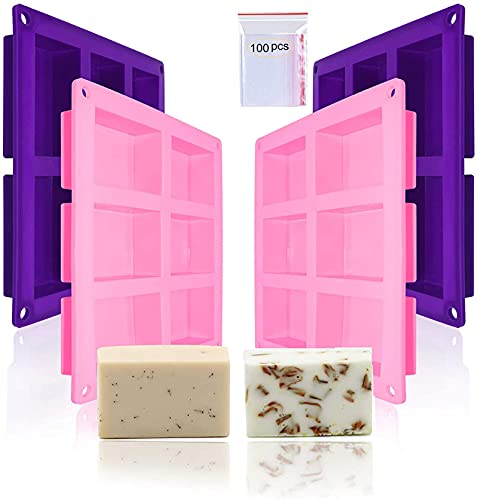 Rechteckige Silikon-Seifenformen, hausgemachte Seifenformen, 6 Mulden, Kuchenlaib-Backblech, Schokoladenriegel, DIY-Seifenherstellungsschalen zum Basteln (Rosa + Lila) von Bangp