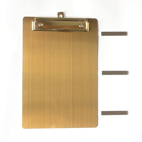 Banjiang Magnetische Klemmbretter aus Edelstahl, goldfarbenes Klemmbrett mit Stifthalter, Metall-Klemmbrett mit niedrigem Profil-Clip (16 x 23,6 cm) von Banjiang