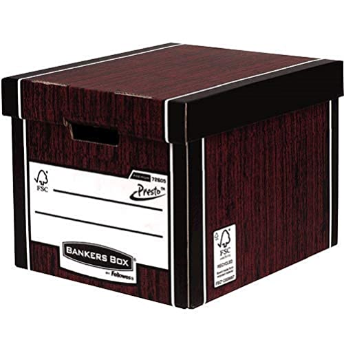 Bankers Box Premium Archivbox Heavy-Duty, sehr stabil, 1-Sekunden-Aufbau dank PRESTO-System, 100% recycelt, aus nachhaltigen Quellen, mit separatem Deckel, Farbe: braun/Holzoptik, 5 Stück von BANKERS BOX