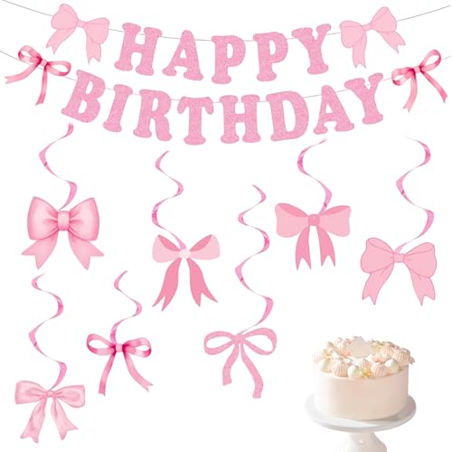 1 Set rosa Schleife, "Happy Birthday", einfach zu bedienen, rosa Schleife, Party-Banner, schaffen eine glückliche Atmosphäre, ideal für koketten Geburtstag, Babyparty und Party-Dekoration von Bansusu