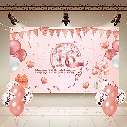 16 Geburtstag Dekoration,16 Geburtstag Mädchen Banner mit 10 Stück Rose Gold Luftballons,Rosa Geburtstag Banner，Deko 16. Geburtstag Mädchen Geburtstagsfeier 16, Stoff Zeichen Poster Hintergrund von Banydoll
