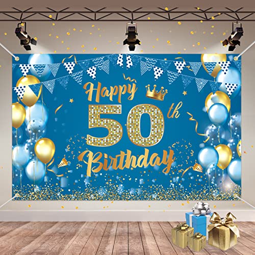 Geburtstagsdeko 50, Geburtstagsbanner 50, Großes Stoff Banner Poster, Banner 50 Geburtstag, Blau und Gold Deko 50. Geburtstag Mann, Party Deko zum Geburtstag 50 Männer von Banydoll
