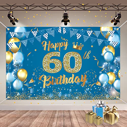 Geburtstagsdeko 60, Geburtstagsbanner 60, Großes Stoff Banner Poster, Banner 60 Geburtstag, Blau und Gold Deko 60. Geburtstag Mann, Party Deko zum Geburtstag 60 Männer von Banydoll