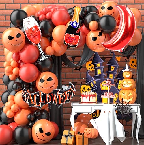 Halloween Luftballons Girlande 96PCs, Orange & Rote Halloween Ballon Girlande, Halloween Ballongirlande Dekoration mit Champagner Rotem Mond und "HALLOWEEN" Fledermaus Folienballons, Halloween Party von Banydoll
