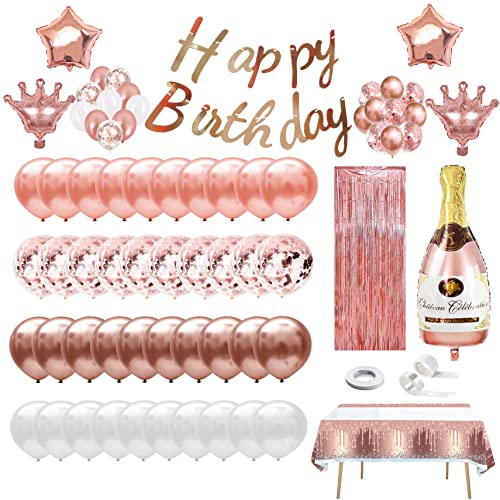 Geburtstagsdeko Roségold Set Mädchen Happy Birthday Girlande Konfetti Luftballon Happy Birthday Buchstaben Ballon Tischdecke Folienvorhänge für Party von Banyeyun