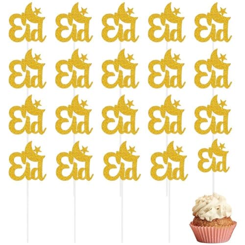 Eid Mubarak Cupcake Toppers 20pcs Silber Gold Glitter Star Moon Eid Cupcake Topper Eid Mubarak Cake Topper Für Eid Party Muffin Kuchendekoration von Baokuan