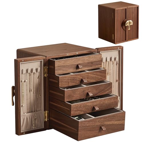 Baolivi Schmuckaufbewahrung Schmuckkästchen aus Holz 5 Ebenen Vintage Schmuckkasten Groß Staubsicher Schmuckschatulle Massivholz, 5 Schubladen mit Messinggriff Schmuckbox für Damen Schmuck Halskette von Baolivi