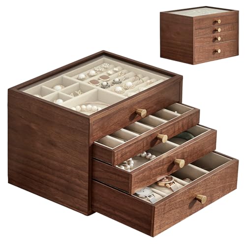 Baolivi Schmuckaufbewahrung Schmuckkästchen aus Holz Moderne Schmuckbox Schmuckkasten Groß Holz Massivholz Schmuckschatulle mit Glasabdeckung 4 Schubladen Jewelry Box für Damen Schmuck Handkette Ringe von Baolivi