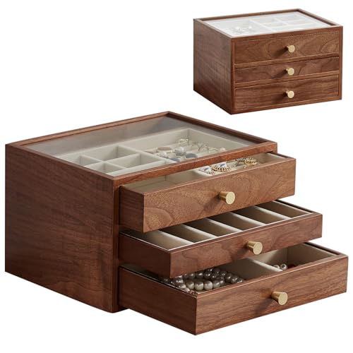 Baolivi Schmuckaufbewahrung Schmuckkasten Klein Schmuckkästchen aus Holz für Damen, Massivholz Schmuckschatulle Schmuckbox Holz mit Glasabdeckung 3 Schubladen Schmuckkiste für Ringe Halskette Baolivi Schmuckaufbewahrung Schmuckkasten Klein Schmuckkästchen aus Holz für Damen, Massivholz Schmuckschatulle Schmuckbox Holz mit Glasabdeckung 3 Schubladen Schmuckkiste für Ringe Halskette von Baolivi