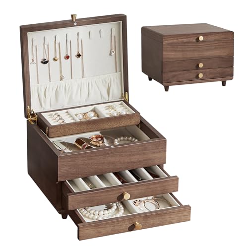 Baolivi Schmuckkasten aus Holz Groß Vintage Schmuckkästchen aus Holz Schmuckbox Massivholz Schmuckschatulle 2 Schubladen, 4 Ebenen Schmuckaufbewahrung Box für Damen Schmuck Ringe Ohrringe von Baolivi