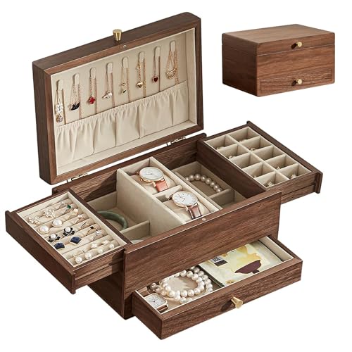 Baolivi Schmuckschatulle aus Holz Schmuckkasten klein für Damen, Massivholz Vintage Schmuckkästchen Schmuckbox mit Halskettenhalter, 3 Ebenen Schmuckaufbewahrung für Schmuck, Ohrringe, Armbanduhr Baolivi Schmuckschatulle aus Holz Schmuckkasten klein für Damen, Massivholz Vintage Schmuckkästchen Schmuckbox mit Halskettenhalter, 3 Ebenen Schmuckaufbewahrung für Schmuck, Ohrringe, Armbanduhr von Baolivi