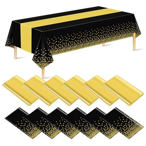 12 Stück Schwarz Gold Tischdecke und Tischläufer Set Party Dekorationen, Weiß und Rosa Kunststoff Einweg-Tischdecke und Satin Tischläufer für Hochzeit Geburtstag Party (Schwarz Gold) von Barafat