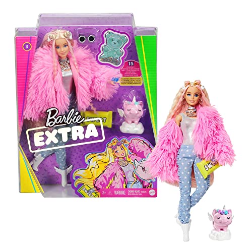 Barbie Extra, Barbie Puppe mit extra langen Haaren, inkl. Barbie Kleidung wie flauschiger Mantel und Barbie Zubehör wie Einhorn Schweinchen, Spielzeug ab 3 Jahre, GRN28 von Barbie