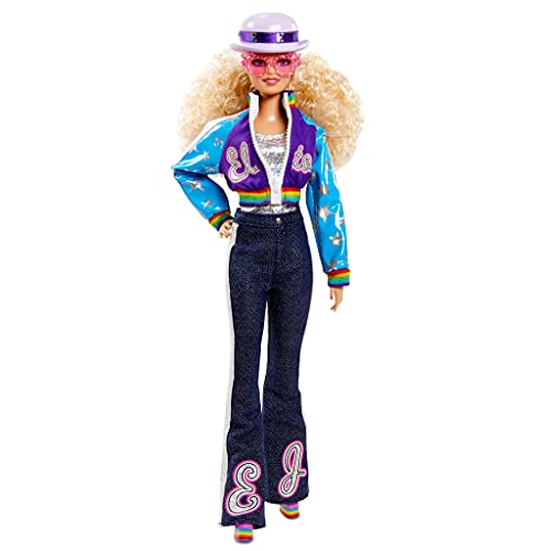 Barbie GHT52 - Signature Elton John Puppe (ca. 30 cm, lockige Blonde Haare) in Bomberjacke und Schlagjeans, mit Puppenständer und Echtheitszertifikat, für Fans und Sammler von Barbie