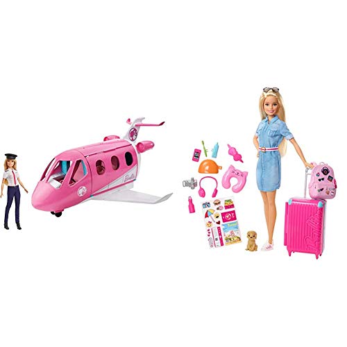 Barbie GJB33 - Reise Traumflugzeug Flugzeug mit Puppe und Zubehör, Puppen Spielzeug ab 3 Jahren & Reise Puppe mit blonden Haaren inkl. Reisezubehör und Hündchen, Puppen Spielzeug und Puppenzubehör von Barbie