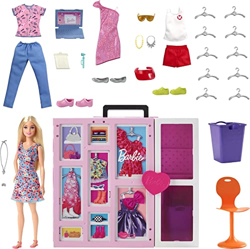 Barbie-Kleiderschrank mit Barbie-Kleidung und Accessoires, mit Klapptüren und Tragegriff, inkl. Barbie-Puppe mit blonden Haaren, Geschenke für Kinder ab 3 Jahren,HGX57 von Barbie