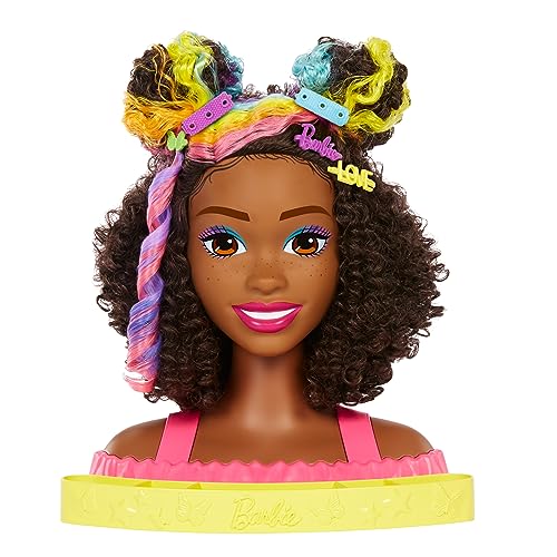 Barbie HMD79 - Barbie-Puppe Deluxe Styling-Kopf, Barbie Totally Hair, lockige braune Neon-Regenbogen-Haare, Puppenkopf für Haar-Styling, Color Reveal-Zubehörteile, ab 3 Jahren von Barbie
