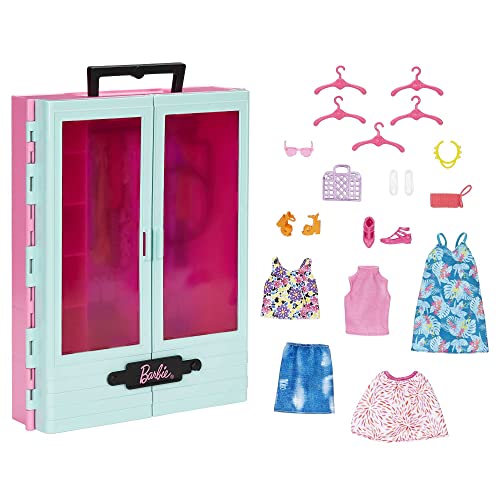 Barbie Kleiderschrank mit Kleidung und Accessoires, Garderobenschrank mit Falttüren und Tragegriff, Puppen Nicht enthalten, Geschenk für Kinder, Spielzeug ab 3 Jahre, HKR92 von Barbie