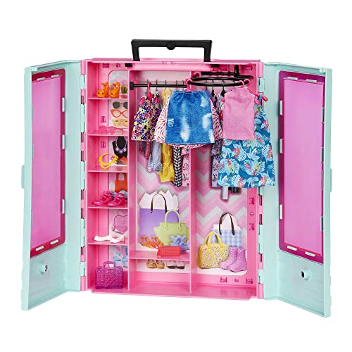 Barbie-Kleiderschrank Kleidung und Accessoires, Garderobenschrank mit Falttüren und Tragegriff, Puppen Nicht enthalten, Geschenk für Kinder, Spielzeug ab 3 Jahre,N/A von Barbie