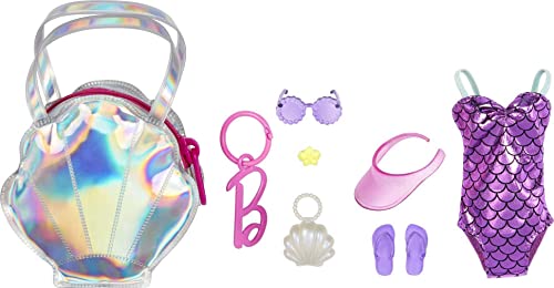 Barbie Kleidung, Deluxe-Strandtasche zum Anklippen, mit Badeanzug und fünf Themen-Accessoires für Barbie Puppen, mehrfarbig, Mehrfarbig, Large von Barbie