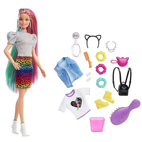 Barbie-Puppe Leopard mit regenbogenfarbenen Haaren, Barbie-Puppe mit blonden und regenbogenfarbenen Haaren, Barbie-Kleidung, Barbie-Accessoires, 16 Teile, 1 Barbie-Puppe inklusive, GRN81 Barbie-Puppe Leopard mit regenbogenfarbenen Haaren, Barbie-Puppe mit blonden und regenbogenfarbenen Haaren, Barbie-Kleidung, Barbie-Accessoires, 16 Teile, 1 Barbie-Puppe inklusive, GRN81 von Barbie