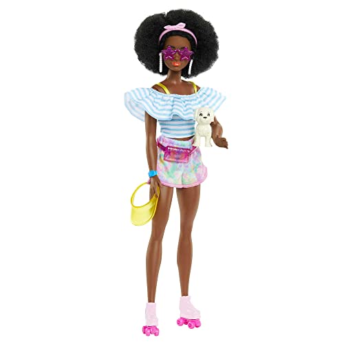 Barbie - Rollerskate-Puppe mit Welpen und Trendiger Kleidung, Afro-Hairstyle und Accessoires für Geschichtenerzählen und Styling-Spaß, für Kinder ab 3 Jahren, HPL77 von Barbie