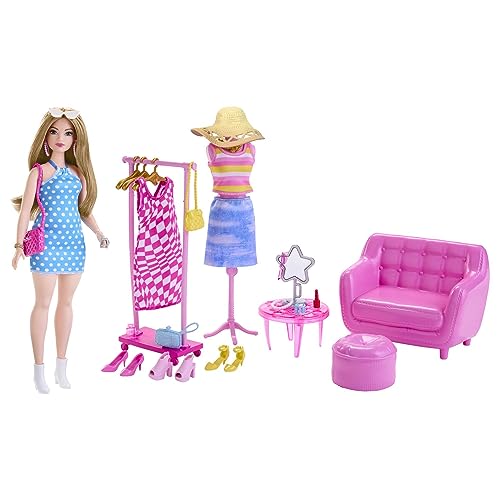 BARBIE - Fashion-Set mit Puppe und Kleiderschrank-Set mit Kleidung, Zubehör und Lounge-Möbeln, langanhaltender Styling-Spaß, für Kinder ab 3 Jahren, HPL78 von Barbie