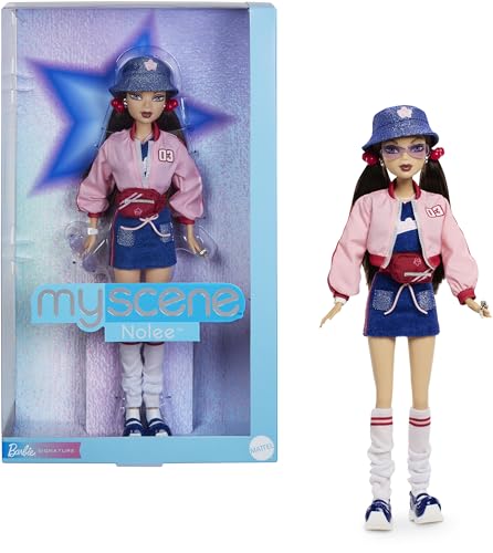 Barbie Signature My Scene Nolee Puppe und Zubehörteile, von der Jahrtausendwende inspiriertes Outfit mit sportlichem Set, kurzer Jacke, Stulpen und Puppenständer, JBH79 von Barbie