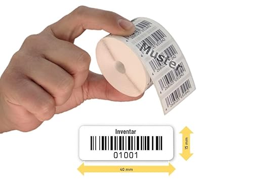 Inventaretiketten Universal, 40x15mm, 1000 Stück auf Rolle, Barcode 128B, Nummernkreis 01001-02000, Weiß von Barcodeetiketten.com