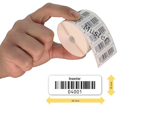Inventaretiketten Universal, 40x15mm, 1000 Stück auf Rolle, Barcode 128B, Nummernkreis 04001-05000, Weiß von Barcodeetiketten.com