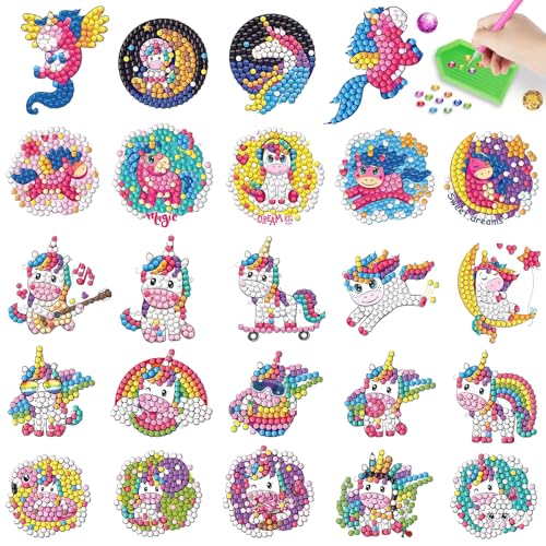 Barlone 24 Stück Diamond Painting Einhorn Kinder, Diamond Painting Sticker Set, 5D DIY Diamant Aufkleber für Mädchen Junge Spielzeug Weihnachten Kindertag Geschenke Geburtstagsgeschenk von Barlone