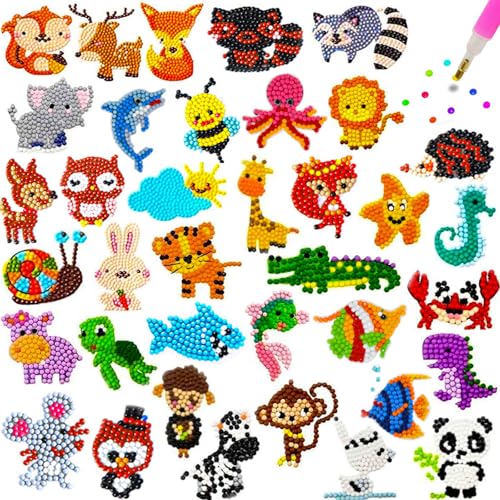 Barlone 37 Stück DIY Diamond Painting Sticker Set für Kinder ab 4 Jahre, 5D Diamant Aufkleber Kit mit Tier Motiven, Sicherer Diamontpating Aufkleber Ohne Kleber,Geburtstags Geschenk für Jungen Mädchen von Barlone