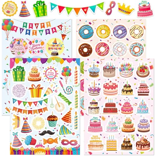 Barlone Party Sticker Geburtstag, 88 Motive Selbstklebende Aufkleber Geburtstag, Happy Birthday Sticker für DIY Geburtstagskarten Geschenke Gästebuch Fotoalbum Scrapbook, Party-Deko für Kinder von Barlone