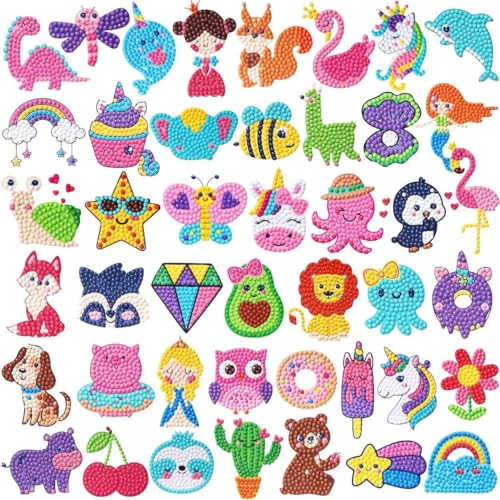 Barlone 44 Stück Diamond Painting Sticker, Diamond Painting Kinder ab 4 5 6, DIY Tiermalerei Diamant Aufkleber Set, Klebebilder für Kinder Junge Mädchen Erwachsene Anfänger von Barlone