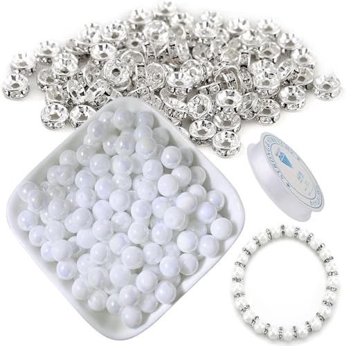 Barlone 50 Stück 8mm Weiß Perlen für Armbänder, Funkelnde Glasperlen zum Auffädeln mit 50 Stück Transparente Strasssteine Metall Spacer Perlen 8mm, für DIY Schmuck Armbänder Ohrringe Barlone 50 Stück 8mm Weiß Perlen für Armbänder, Funkelnde Glasperlen zum Auffädeln mit 50 Stück Transparente Strasssteine Metall Spacer Perlen 8mm, für DIY Schmuck Armbänder Ohrringe von Barlone