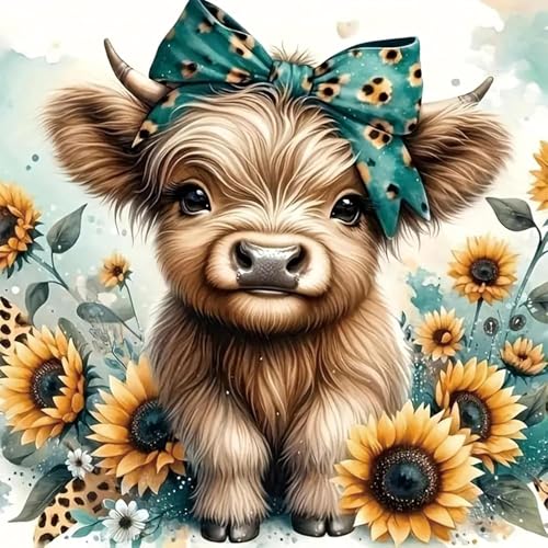 Barlone 5D Diamond Painting Erwachsene, Sonnenblumen Kuh Diamant Painting Bilder Tiere, DIY Runde Steine Kuh Diamant Kunst Kits, Home Büro Wall Dekoration, 30 x 30cm von Barlone