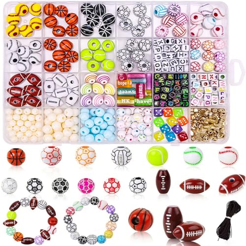 Barlone Acryl Sport Perlen Kinder - DIY Bastelset für Fußball, Baseball, Basketball Armbänder mit Auffädelbox, Perlen zum Auffädeln für Geschenke für Jungen und Mädchen von Barlone