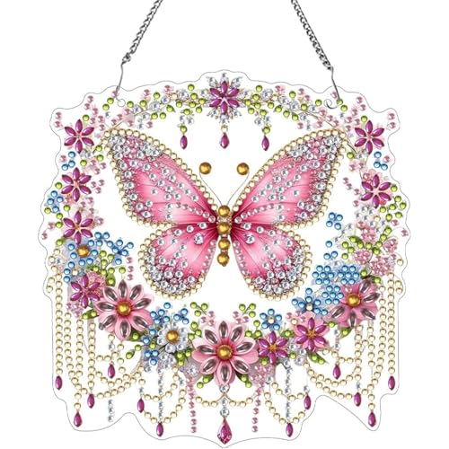 Barlone Diamond Painting Fensterbilder, Diamond Painting Schmetterling Türkranz Anhänger, Fensterdeko Frühling Hängend, mit Kette, Wandbehang Kits für Fenster Wand Und Eingang Decor von Barlone