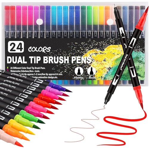 Barlone Dual Brush Pen Set, 24 Farben Filzstifte Dicke und Dünne, Malstifte für Erwachsene und Kinder, Mandala Stifte, Doppelfasermaler Fasermaler 1-2 mm/Fineliner 0,4 mm von Barlone