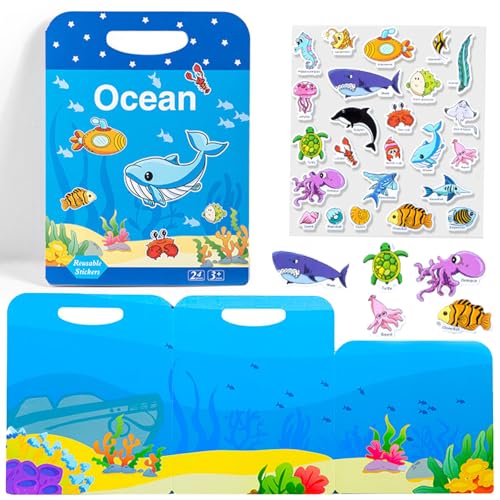 Barlone Reusable Sticker Book, Stickerbuch Meerestiere, Stickerbuch ab 2 Jahre, Reisespielzeug für Flugzeug & Autofahrt, Beschäftigung für Kinder ab 2-6 Jahren mit Wiederverwendbaren Stickern von Barlone