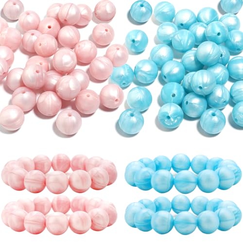 Barlone 40 Stück 15 mm Silikonperlen, Perlmuttartiges Blau-Rosa Silikon Perlen für Armbänder, Gummi Bastelperlen für DIY Schlüsselanhängerherstellung, Halsketten, Armbänder, Schmuck, Handarbeit von Barlone