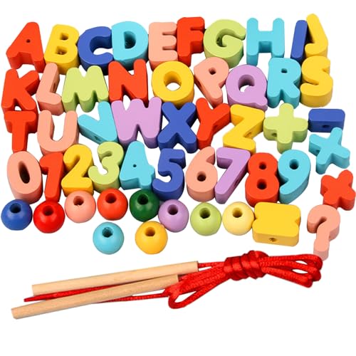 Barlone Holzspielzeug Fädelspiel Lernspiel Spielzeug 52Stk, Perlenset Kinder Zahlen und Buchstaben Lernspielzeug, Große Perlen zum Fädeln Spielzeug ab 2 3 4 5 6 Jahre für Mädchen und Jungen Geschenke von Barlone