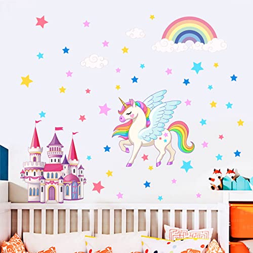 Barrageon Wandtattoo Kinderzimmer Wandaufkleber Aquarell Selbstklebend DIY Kunst Wanddekor Mädchen Junge Schlafzimmer Spielzimmer Kindergarten Schule Wandbild (Schloss Einhorn) von Guoml