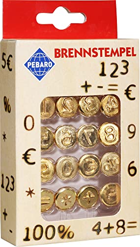 Pebaro 20600 Brennstempel für Brandmalerei, Pyrographie, Holzbrennen, 16-teilig, aus Messing - Verschiedene Motive wie 0-9 und Sonderzeichen, zum Brennen auf Holz, Leder, Kork und anderen Materialien von Pebaro