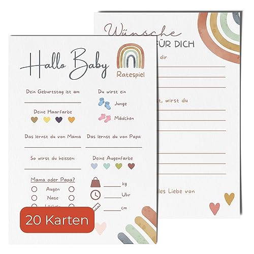 20 Ratespielkarten für Babypartys - Babyparty Spiele für Gender-Reveal-Party und Babyshower, Tippkarten für Baby Mädchen und Jungen 20 Stück (Rainbow) von Bartschibär