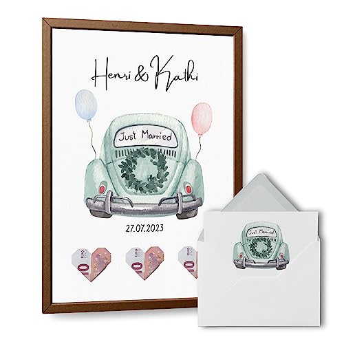 Personalisierbares Geldgeschenk für die Hochzeit – Ein originelles Hochzeitsgeschenk fürs Brautpaar – Din A4 mit Karte und schönem Briefumschlag (Hochzeitsauto in Grün) von Bartschibär