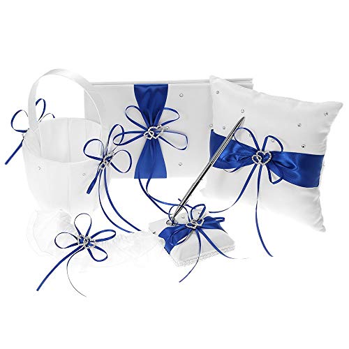 5 Stück/Set Hochzeitsbedarf, Satin-Blumenmädchenkorb + Ringträgerkissen + Gästebuch + Stifthalter + Brautstrumpfband (blau) von Bascabeen