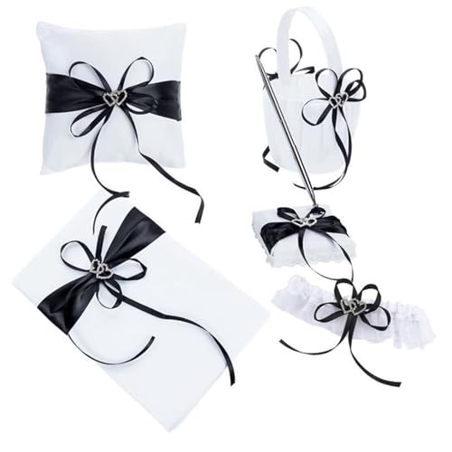 5 Stück/Set Hochzeitsbedarf, Satin-Blumenmädchenkorb + Ringträgerkissen + Gästebuch + Stifthalter + Brautstrumpfband (schwarz) von Bascabeen
