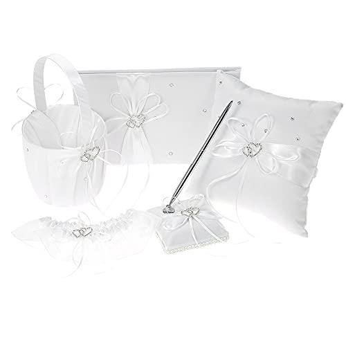5 Stück/Set Hochzeitsbedarf, Satin-Blumenmädchenkorb + Ringträgerkissen + Gästebuch + Stifthalter + Brautstrumpfband (weiß) von Bascabeen